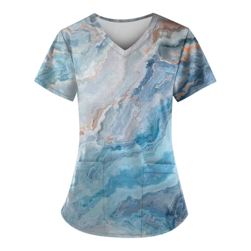 Женская мода, рабочая одежда с v-образным вырезом, короткими рукавами и карманами, топы с принтом, летние топы для женщин