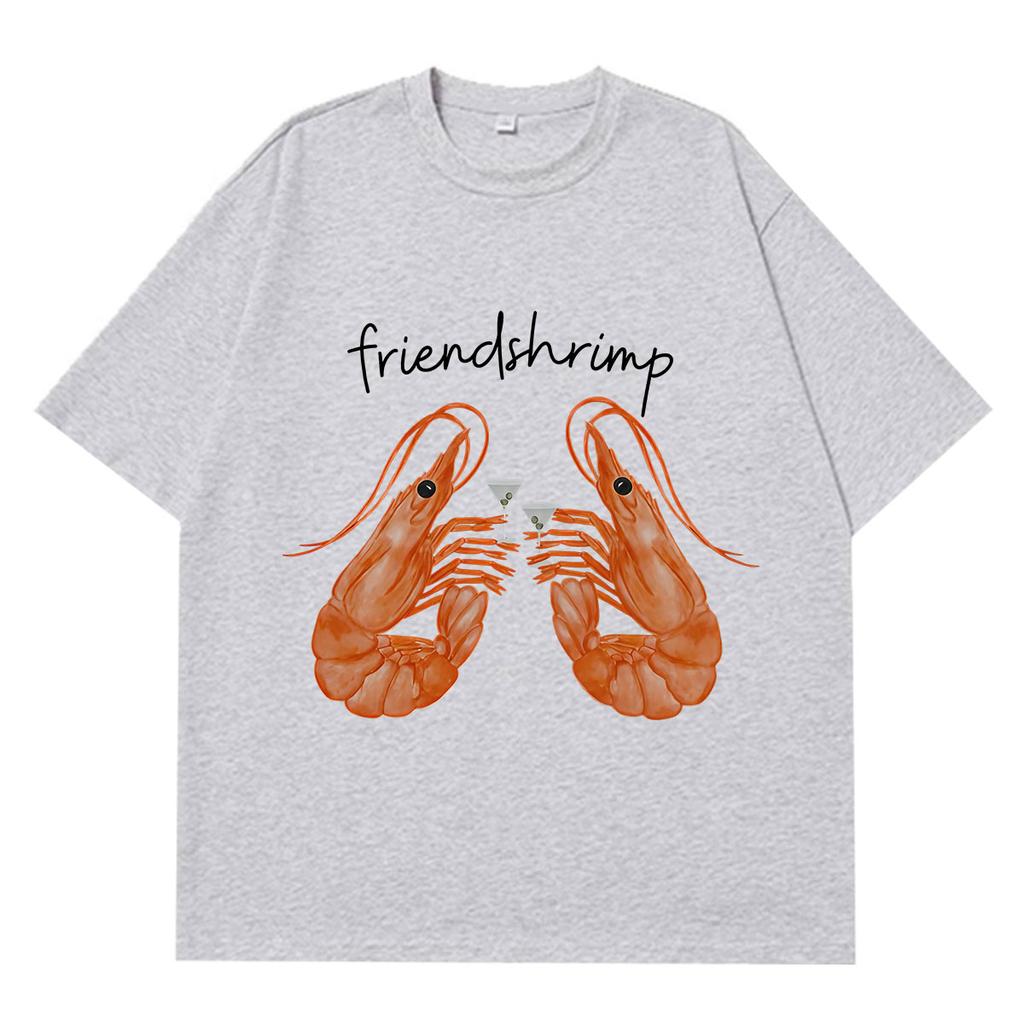 Cute Shrimp Holding Martini Cocktail Funny Friendshrimp Meme Tshirts Unisex Unisex Fashion Hiphop Loose Casual Cotton Tshirts