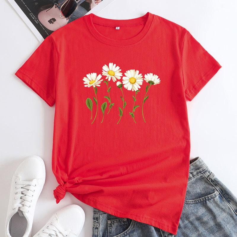 Летний топ с круглым вырезом и цветочным принтом, модные повседневные женские футболки из чистого хлопка с короткими рукавами
