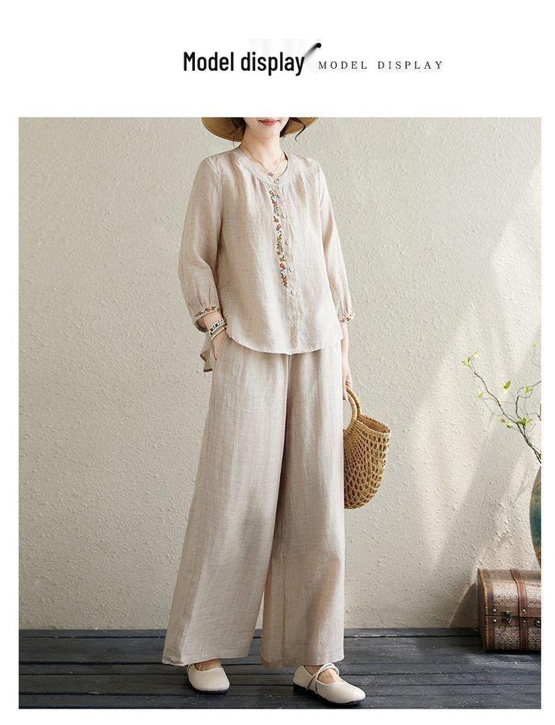 Женский комплект из двух предметов большого размера из хлопка и льна с вышивкой - Весенняя мода