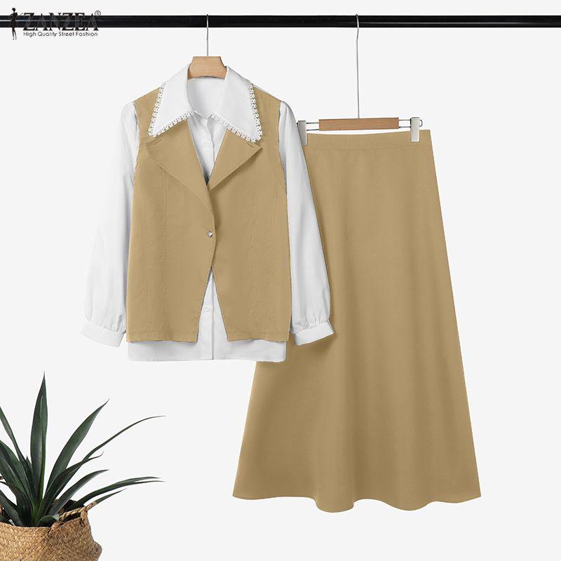 ZANZEA Женская блузка с длинным рукавом в стиле пэчворк и длинная юбка, повседневные костюмы-двойки