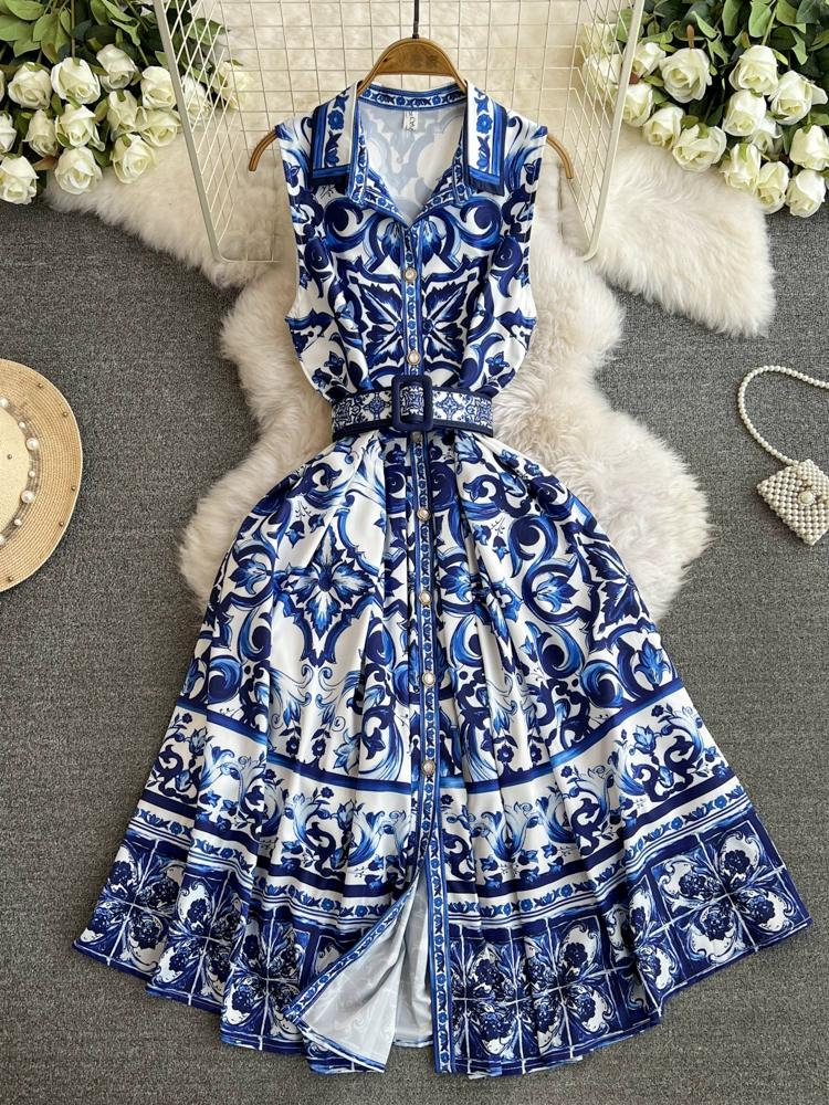 Summer Women Lapel Single Breasted Brand Designer Vintage Print Sleeveless Tank Runway Party Dresses with Belt