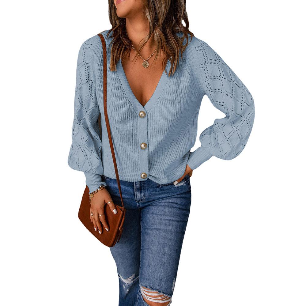 Осенний женский трикотаж, однотонный трикотаж с ромбами и объемными рукавами, свободный однобортный кардиган, свитер