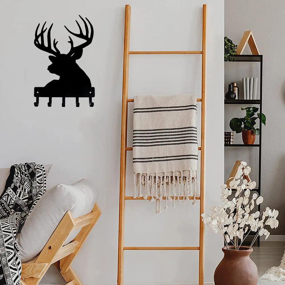 Вешалка для ключей в виде головы оленя - настенное искусство из металла шириной 6/9 дюймов с настенными крючками для хранения ключей и пальто