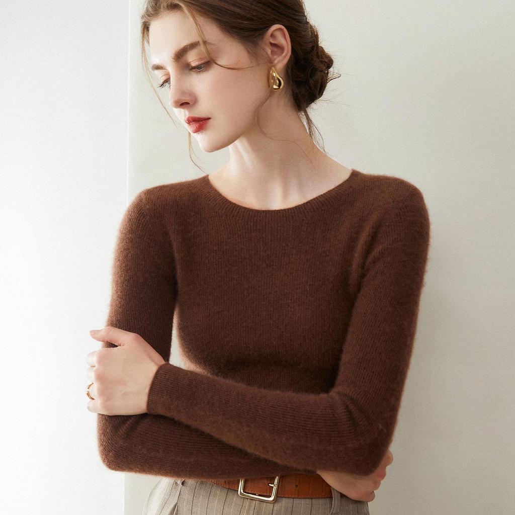 Elegant Women's Round Neck 100% Cashmere Slim Fit Sweater Dress