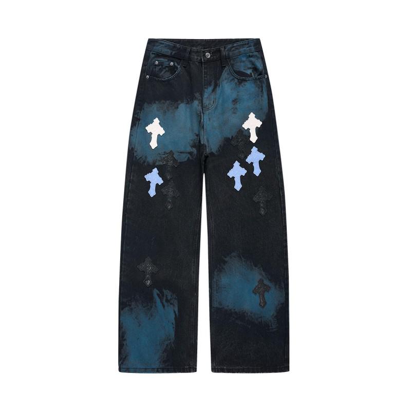 Mens Wide-Leg Denim Pants With Hand-Painted Blue Ink Wash Gradient Effect Loose Fit Low Waist Straight Hem
