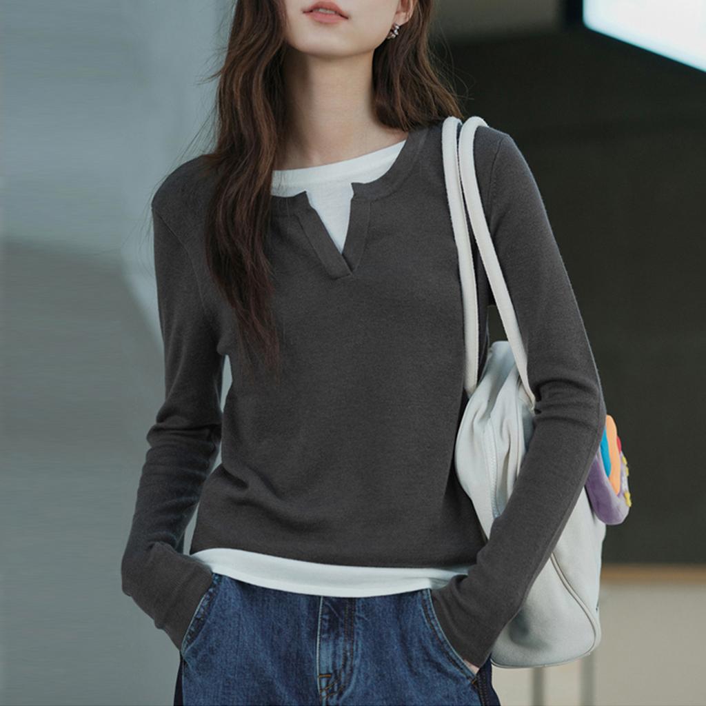 Blended Light Modal Cotton Skin Soft # Color Fake Two T-shirt Women's Autumn Winter Long Sleeve Base Shirt