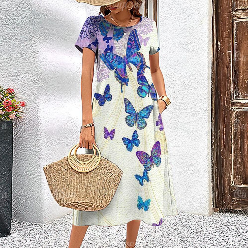 Summer Short Sleeves Dresses Women Clothing Loose A-Line Skirt Classy Dress Butterflies 3d Print Woman Clothing Fashion Pullover