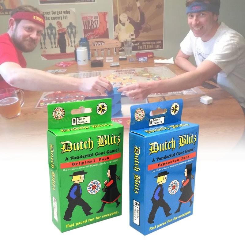 Захватывающая карточная игра Dutch Blitz для семейного веселья с красочными картами синего и зеленого цветов