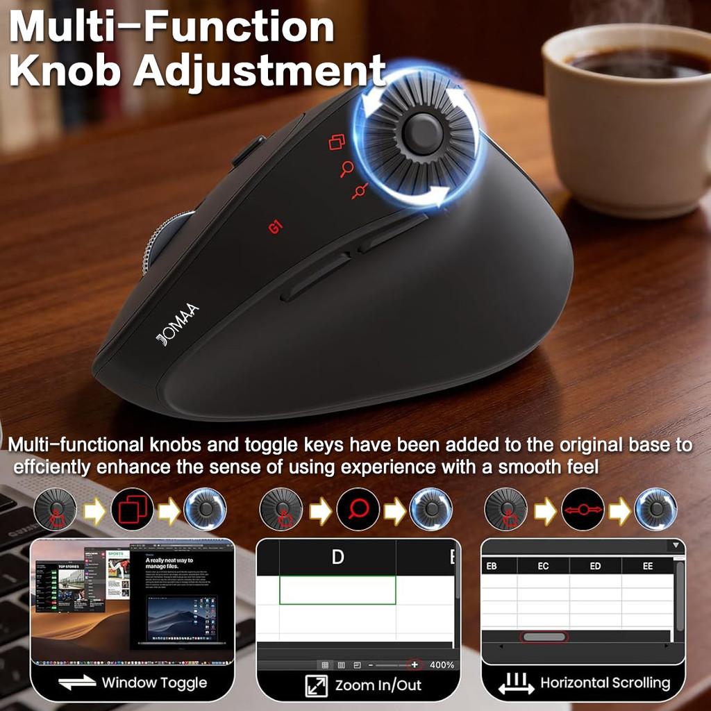 JOMAA Right Hand Wireless Vertical Mouse with Adjust Knob Bluetooth Ergonomics Mice for Computer Laptop Tablet Windows