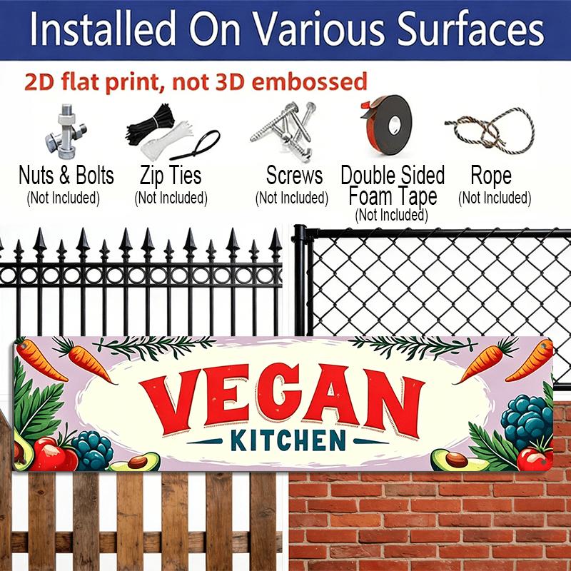 2D Flat, Vegan Kitchen with Fresh Vegetables Metal Sign - Vintage Scratch & Resistant, Wall Art for Home/Cafe, 15.7×3.94inch Aluminium Decorative Sign