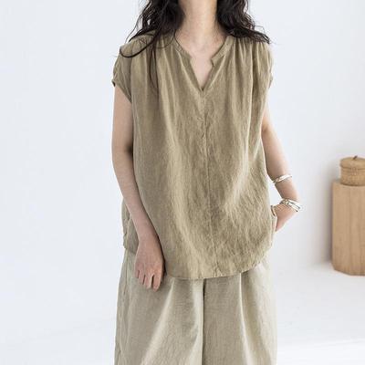 Женская летняя льняная рубашка с V-образным вырезом и короткими рукавами, прохладная и свободная
