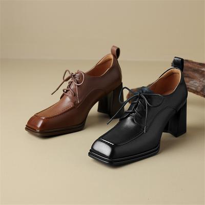 Мода Новая Весна Натуральная Кожа Женская Обувь Французский Ретро Квадратный Носок Кружево Женские Туфли-Лодочки Высокие Каблуки Лоферы Обувь для Женщин Женская Обувь