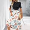 Women's Fashion Casual Belt Short Sleeve Round Neck Floral Elegant Temperament Dress