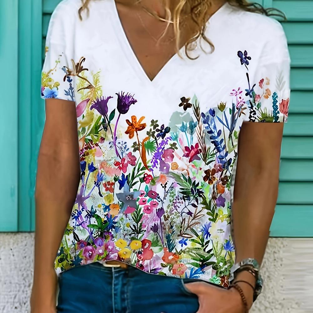 Women's Floral Print V-neck T-shirt Fashion Casual Short-sleeved Shirt Street Summer Clothing