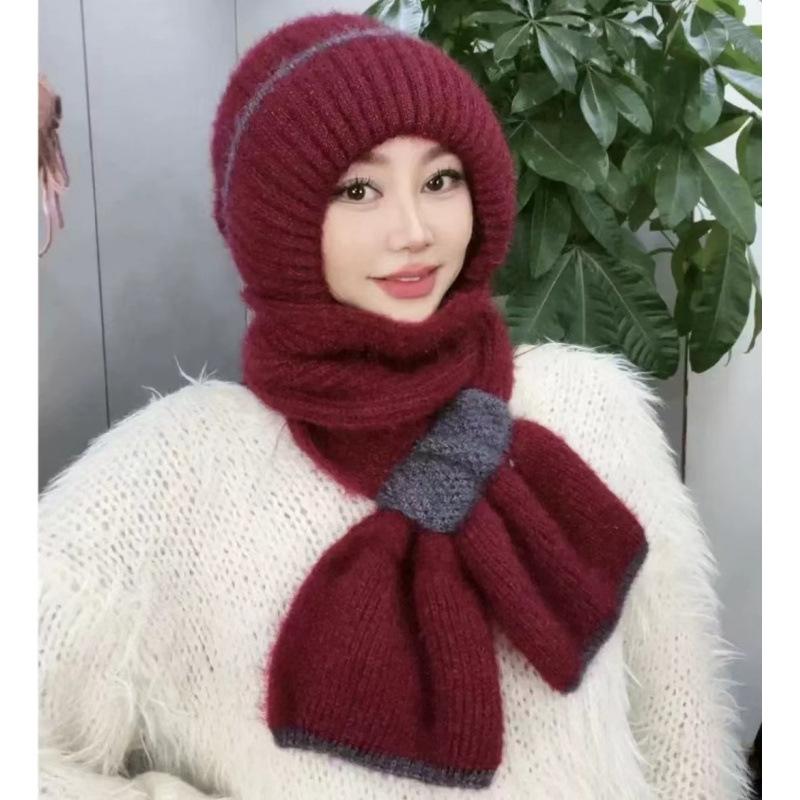 Hat Female Autumn and Winter Warm Knitted Wool Snow Hat Cycling Mother Fashion Ear Protection Headgear Scarf Integrated Hat