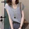 Летний тонкий ажурный трикотажный жилет с V-образным вырезом, женские топы