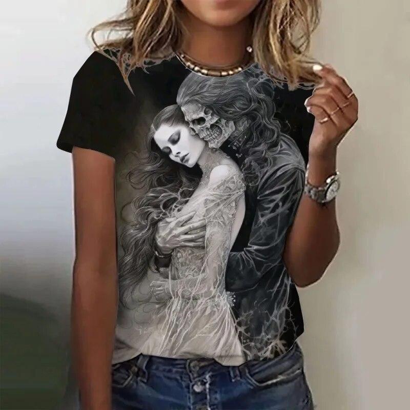 Летние футболки с 3D-принтом черепа для женщин, уличные футболки ужасов, повседневная мода, футболки с коротким рукавом и круглым вырезом, футболки больших размеров, топы, одежда