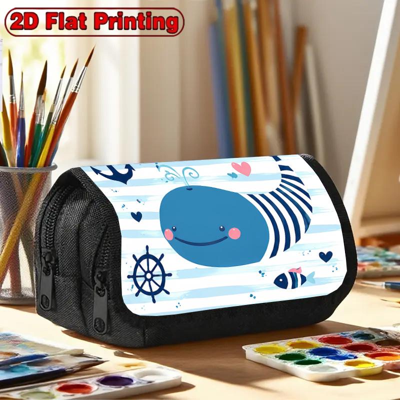 2D Flat Printing 1pc Whale Blue Design Double Layer Flip Pencil Case - Large Capacity Zipper Closure, Suitable for Schools, Offices, And Travel, Ideal