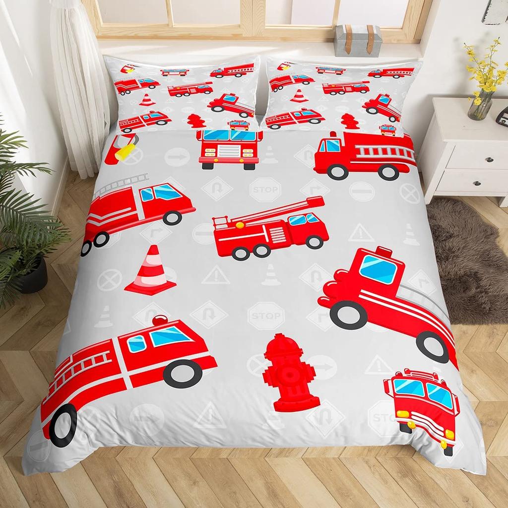 Fire Truck Bedding SetBurning Flames Duvet Cover for Kids Fire Engine Comforter Cover Red Truck Quilt Cover with 2 Pillowcases