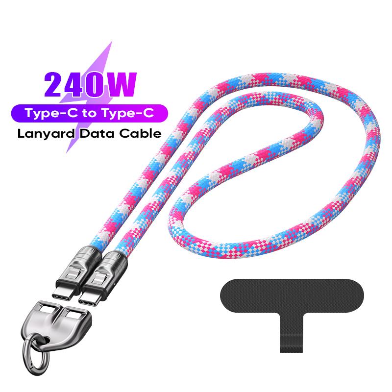 2 в 1 240 Вт USB Type C Шнурок Кабель для передачи данных 5A PD3.1 Быстрая зарядка Для iPhone 17 16 15 Samsung iPad MacBook Huawei Противопотерянный Шнурок