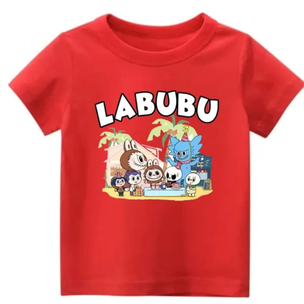 2025 Популярная детская одежда Футболка с принтом нескольких LABUBU в мультяшном стиле, с круглым вырезом, с короткими рукавами, милый и универсальный топ для девочки