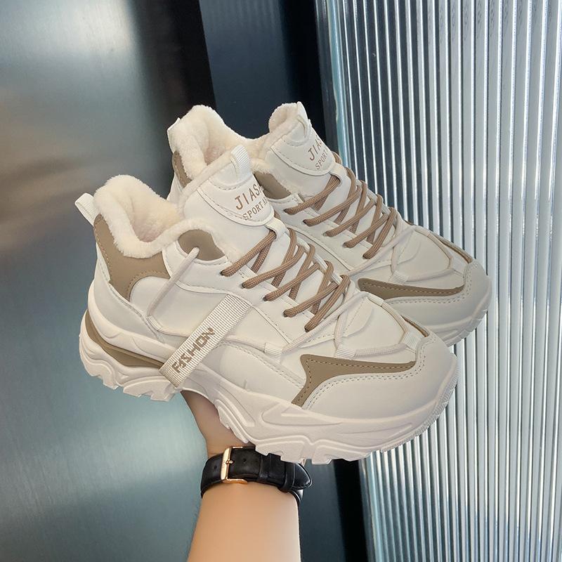 Женская обувь 2024 года, зимняя обувь Plus Velvet Dad, корейская версия, теплые высокие кроссовки со шнуровкой, женская повседневная обувь из белого хлопка