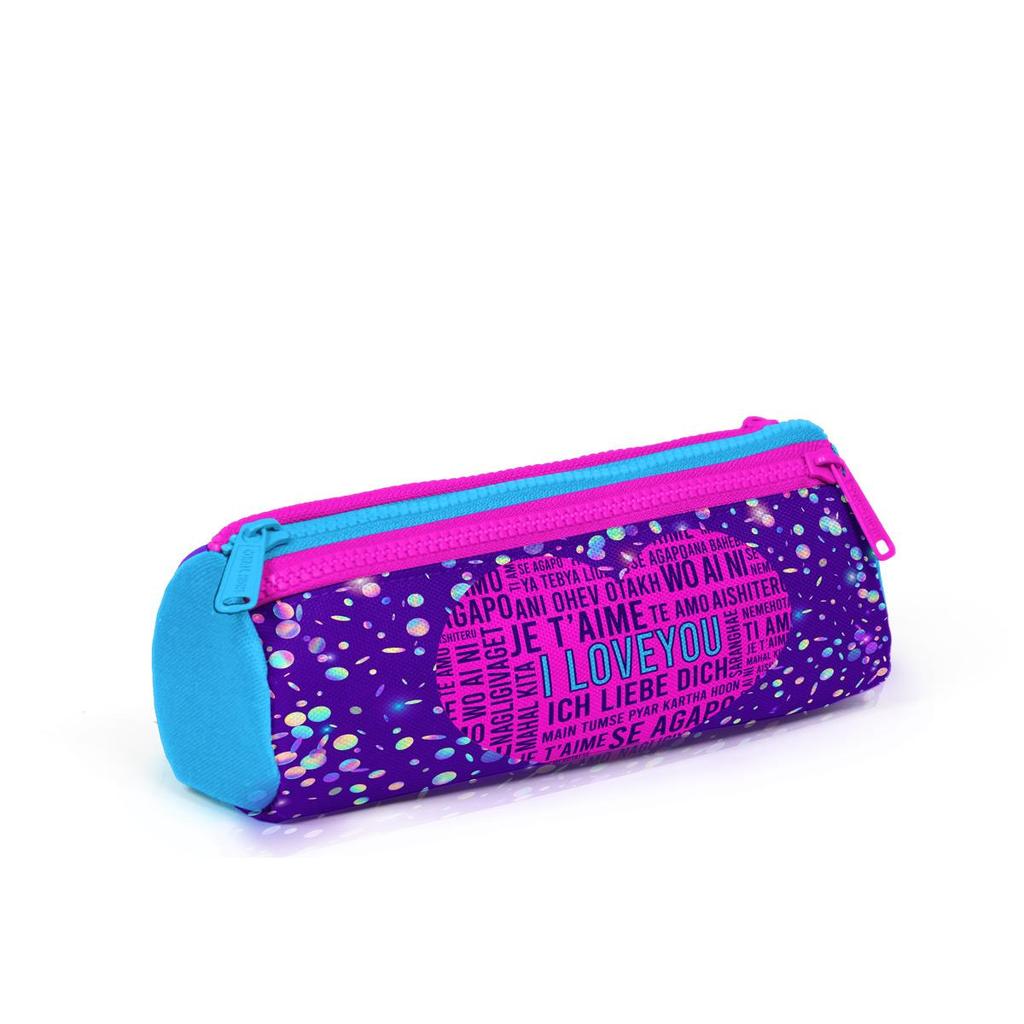 coral high Kids Purple Blue Pink Heart Patterned Three Compartment Pencil Bag 22040
