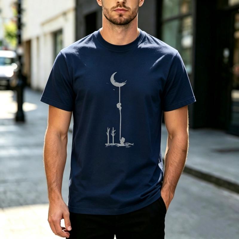 Harajuku Trendy Graphic Crew Neck T Shirt Minimalist Moon Climb Art Print Short Sleeve Tee Cotton Casual Unisex Unisex Streetwear