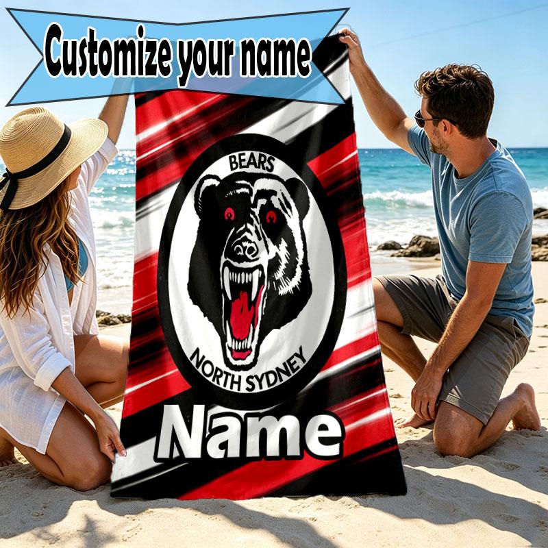 Custom Name Personalized North Sydney Bears Print Beach Towel, for Trip Camping Beach Party Home Decor, Birthday Gift for Family & Friends
