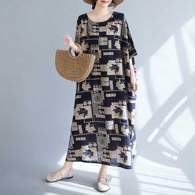 Женское обычное платье с круглым вырезом, дорожное, из хлопка и льна, длинное