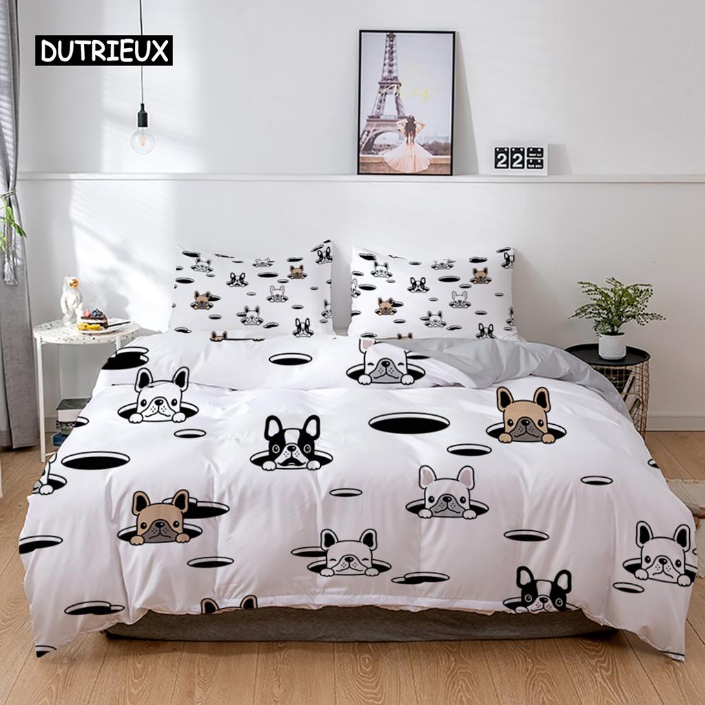3D Dog Bedding Set Cute French Bulldog Puppy Duvet Cover Sets Cartoon Bed Cover Pet Animals Home Textiles Queen 2/3Pcs King Full