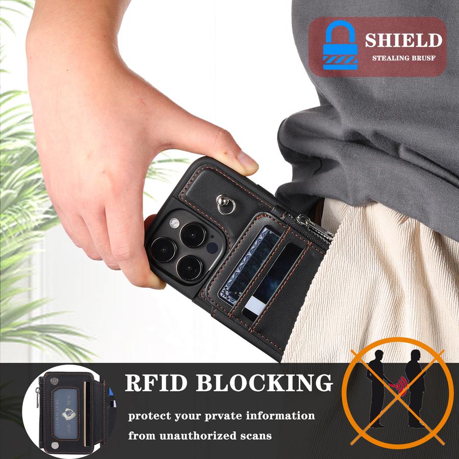 Кожаный чехол-кошелек премиум-класса с застежкой-молнией, держатель для кредитных карт, противоударный чехол с блокировкой RFID, ремешок на запястье для iPhone 11, 12, 13, 14, 15 Pro Max Ultra Samsung