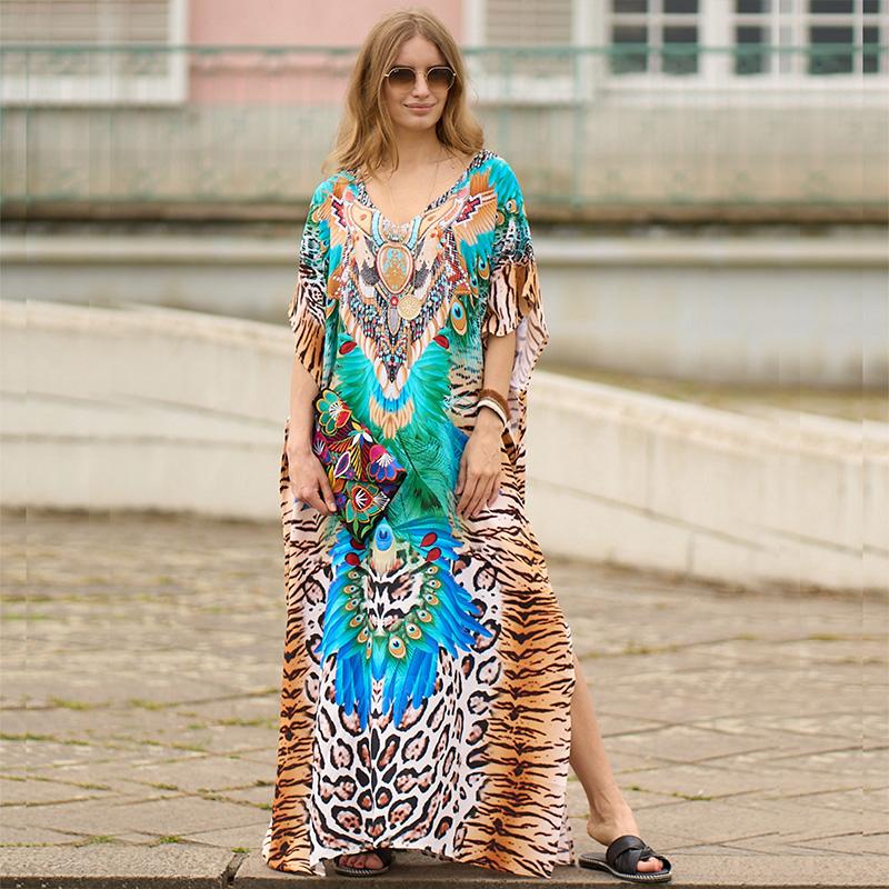 EDOLYNSA Лето 2023 г., струящееся длинное платье в стиле бохо, большие размеры, купальник, пляжное платье с животным принтом, турецкий кафтан, платья Q1450