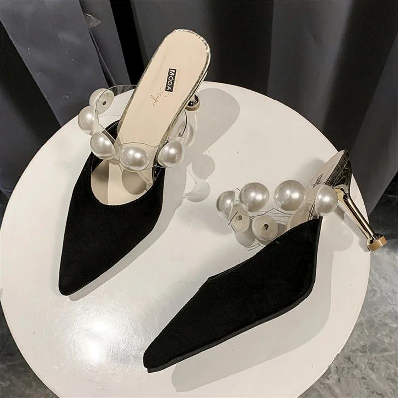 Мода 2024 года, новые сандалии из жемчужно-черного цвета, женские летние тапочки, женские туфли на тонком каблуке, женские уличные туфли на высоком каблуке с острым носком, женские мюли