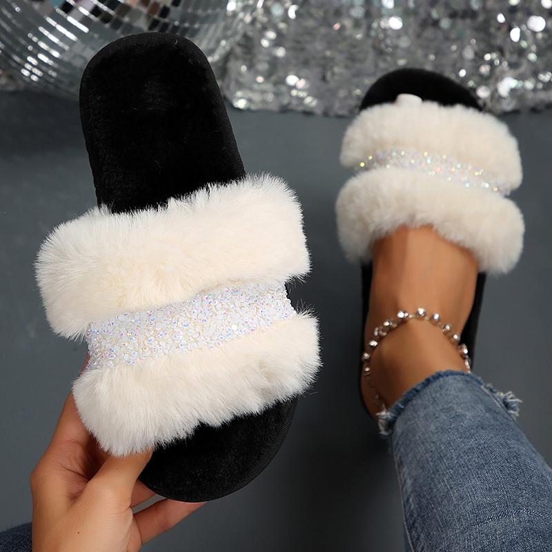 Fashion Luxury Women's Fluffy House Slippers Bling Crystal Decor Faux Fur Slides Woman Autumn Winter Open Toe Non Slip Plush Slippers