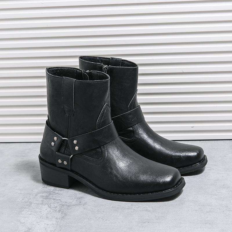 Модные ботинки с квадратным носком мужские из ПУ однотонные на низком каблуке удобные нескользящие классические деловые повседневные мужские короткие ботинки