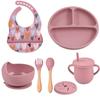 7PCS Baby Solid Silicone Tableware Set with Divided Baby Plates Feeding Bowls Straw Cup and Spoon for Toddler Training BPA Free