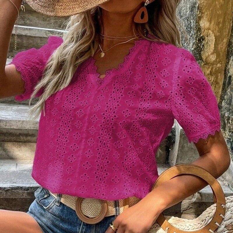 2024 Women Fashion Summer Blouse Elegant Lace Hollow Vintage Solid Shirt V-neck Lady Tops Puff Sleeve White 21385