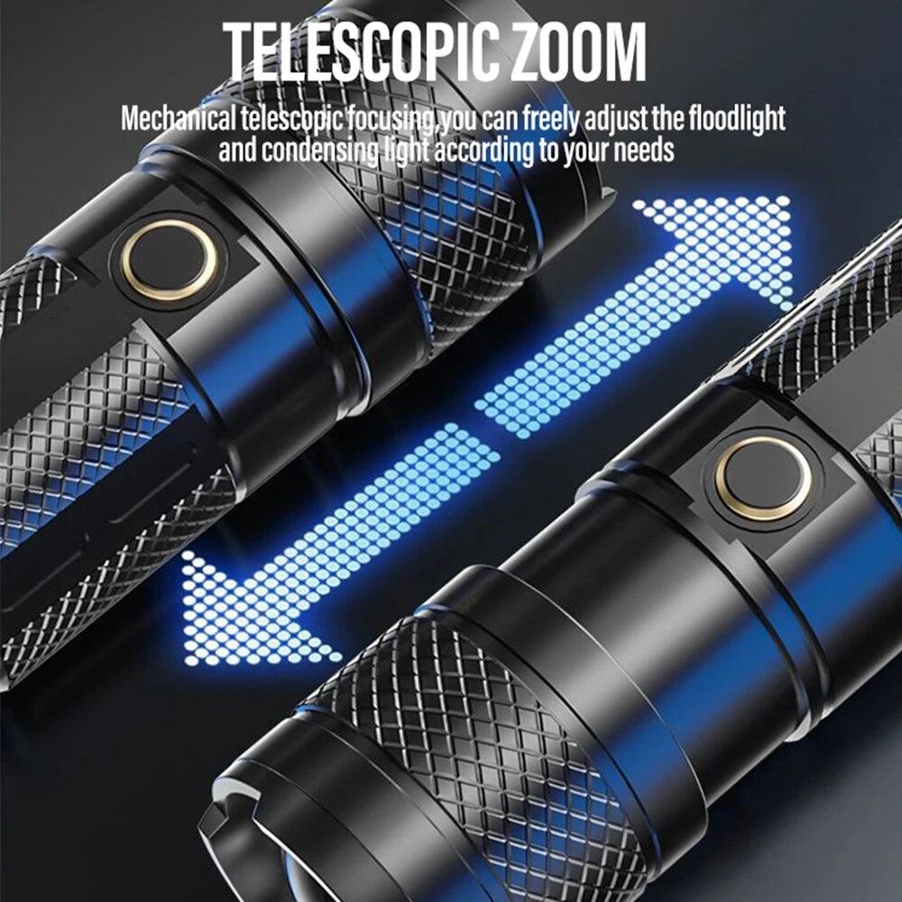 High Power White Laser Flashlight LED Outdoor Zoom Multifunctional Flashing Rechargeable Power Bank Strong Light P50 Flashlight