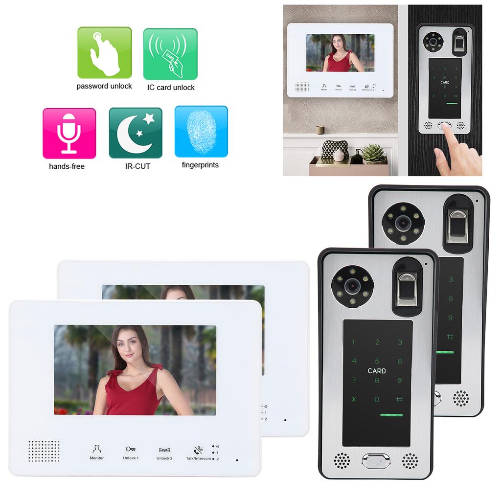2?Проводной видеодомофон 7 дюймов Двойные мониторы Двойные камеры Отпечаток пальца Пароль IC-карта Разблокировка Ночь