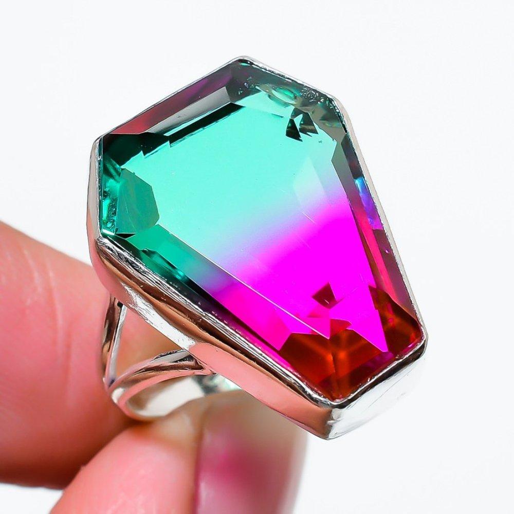 Bi-Color Tourmaline Gemstone 925 Sterling Silver Jewelry Ring Size 8 B9B07
