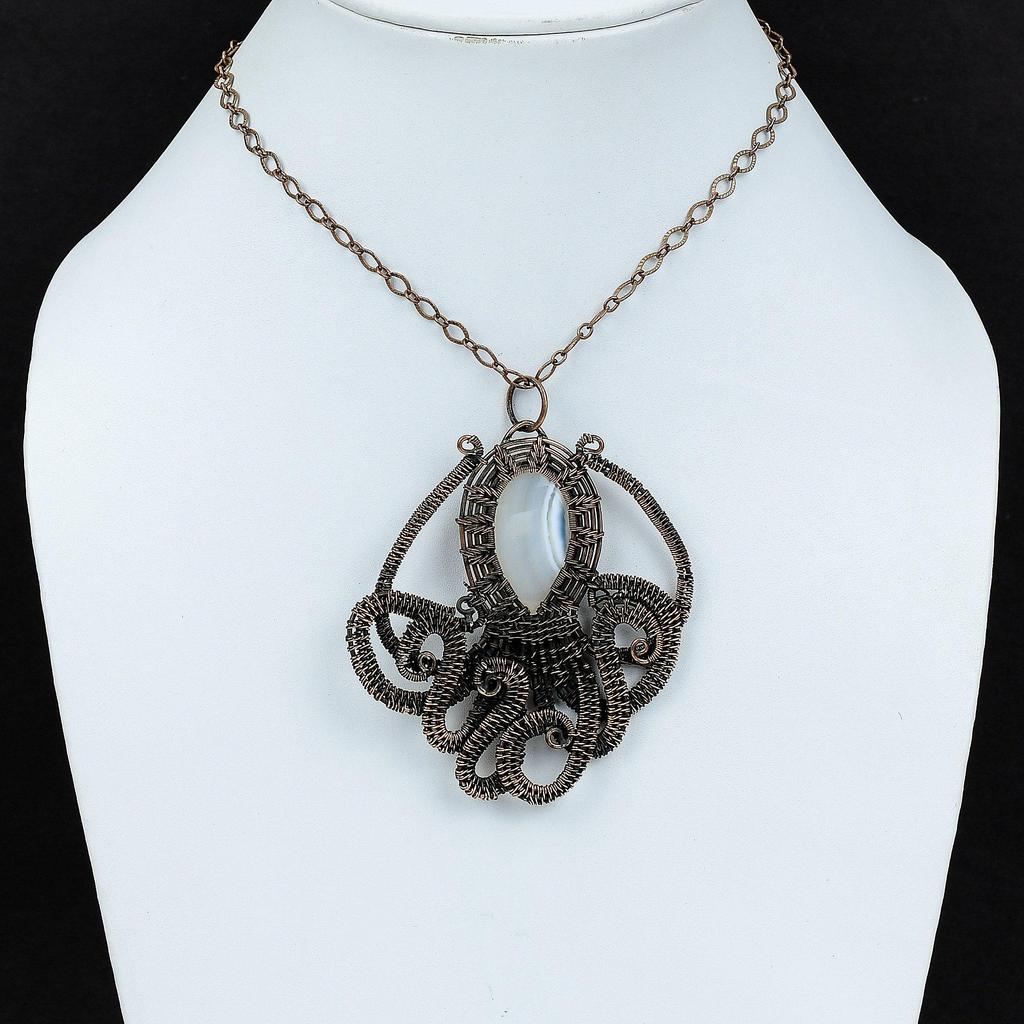 Подвеска из агата Ботсваны, подвеска из медной проволоки, ювелирное изделие из драгоценных камней, подвеска ручной работы из меди, ювелирное изделие из проволоки, осьминог, подарок для женщин