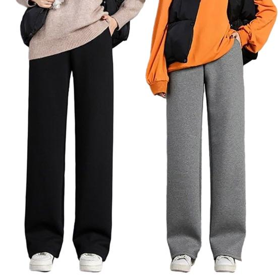 Women Autumn Winter Fleece Lining Pants Elastic High Waist Straight Wide Leg Pants Solid Color Loose Fit Long Trousers
