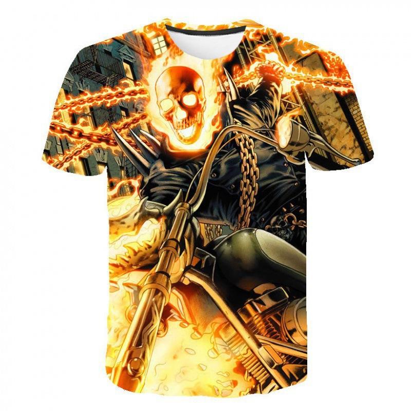 Evil Knight Skull Printed Short Sleeved T-shirt with Flame Pattern Skull Personalized Clothes for Men