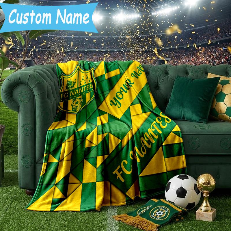 Custom Name Fc Nantes Crest Design Flannel Blanket, Use for Birthday/Holiday Gift, Soft Blanket for Sofa/Bed/Camping/Office, Home Decor