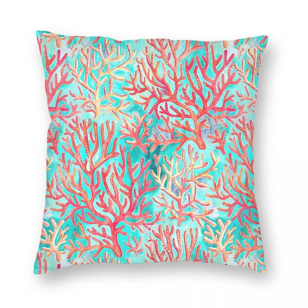 Red Coral On Pastel Cyan Square Pillowcase Polyester Linen Velvet Pattern Zip Decor Throw Pillow Case Sofa Seater Cushion 18"