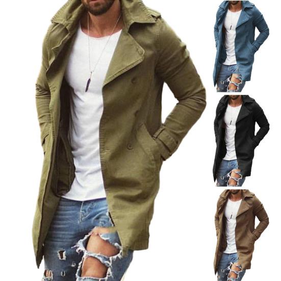 Men Autumn Coat Solid Color Slim Fit Mid Length Lapel Plus Size Pockets Long Sleeve Windproof Buttons Breathable Men Streetwear Jacket