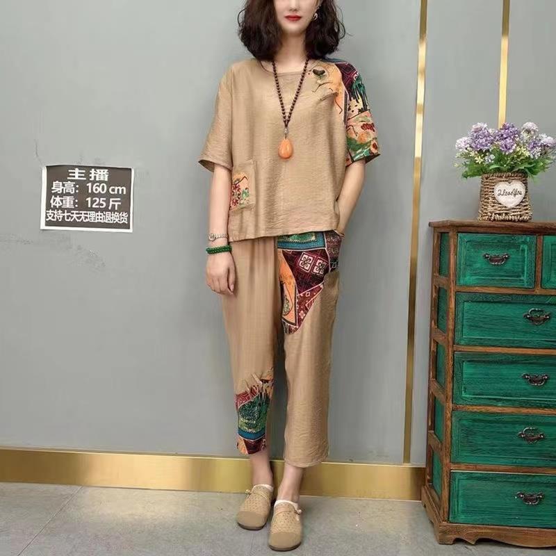 Женский повседневный костюм, летняя мода, одежда больших размеров, свободные топы из хлопка и льна с короткими рукавами, укороченные брюки-харлан, комплект из двух предметов
