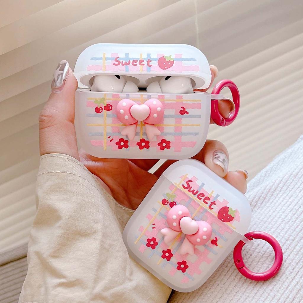Матовый чехол для наушников с милым 3d рельефным бантом, вишней и клубникой для Apple Airpods 1 2 Pro 3 2nd, беспроводная Bluetooth зарядная коробка, капа